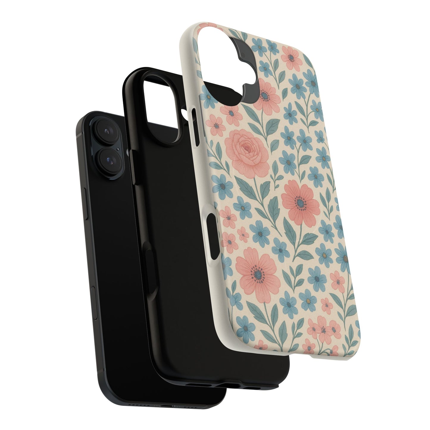Floral Vintage Magnetic Phone Case — Pink Rose & Blue Blossom Tough Cover