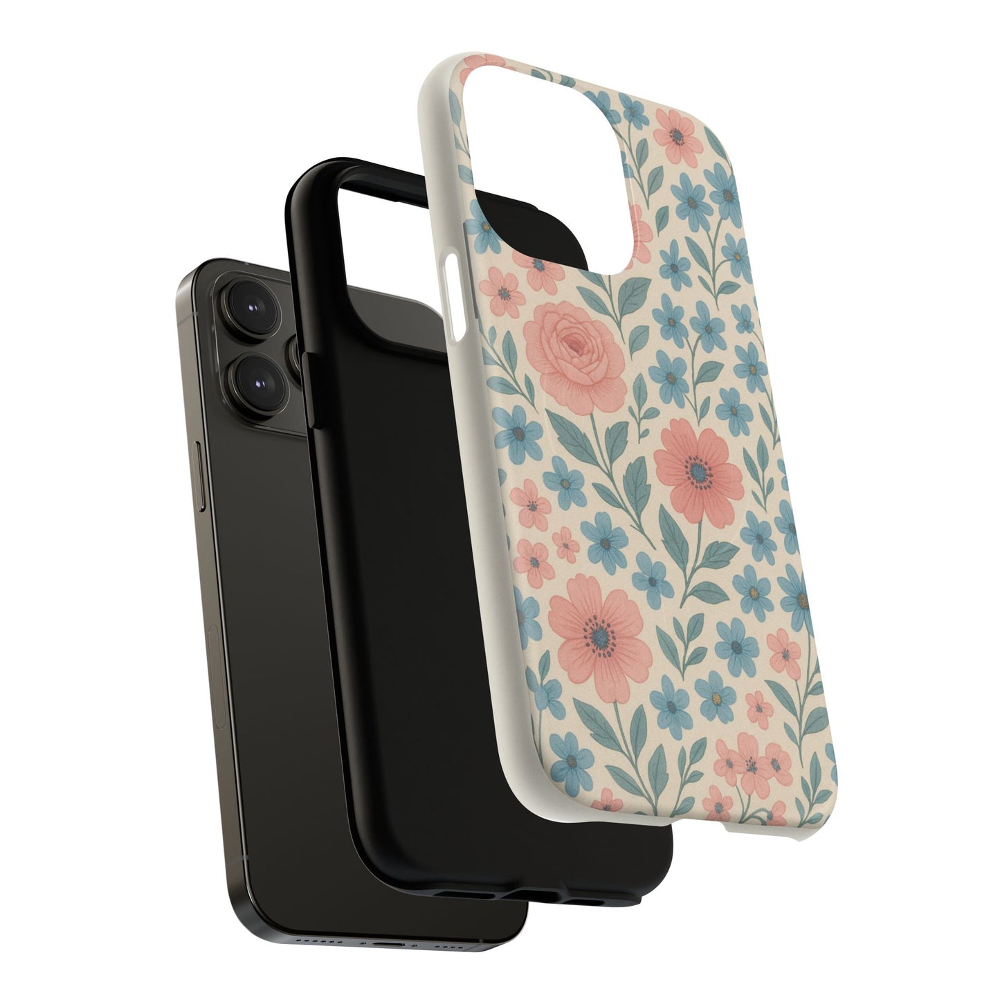 Floral Vintage Magnetic Phone Case — Pink Rose & Blue Blossom Tough Cover