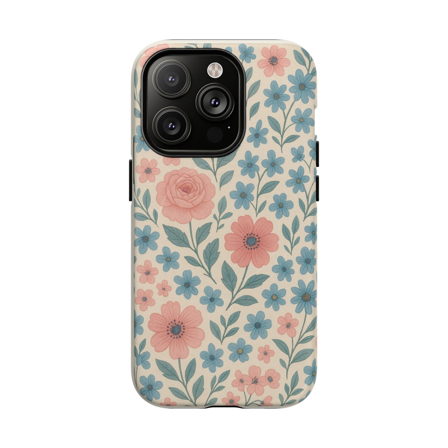 Floral Vintage Magnetic Phone Case — Pink Rose & Blue Blossom Tough Cover