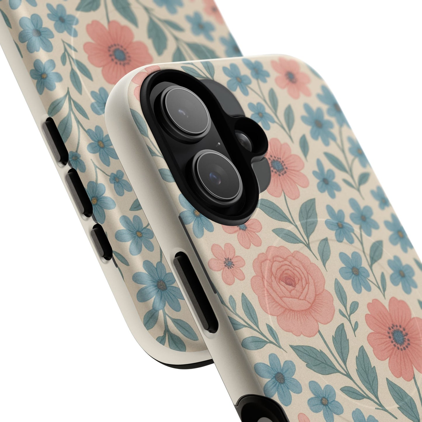 Floral Vintage Magnetic Phone Case — Pink Rose & Blue Blossom Tough Cover