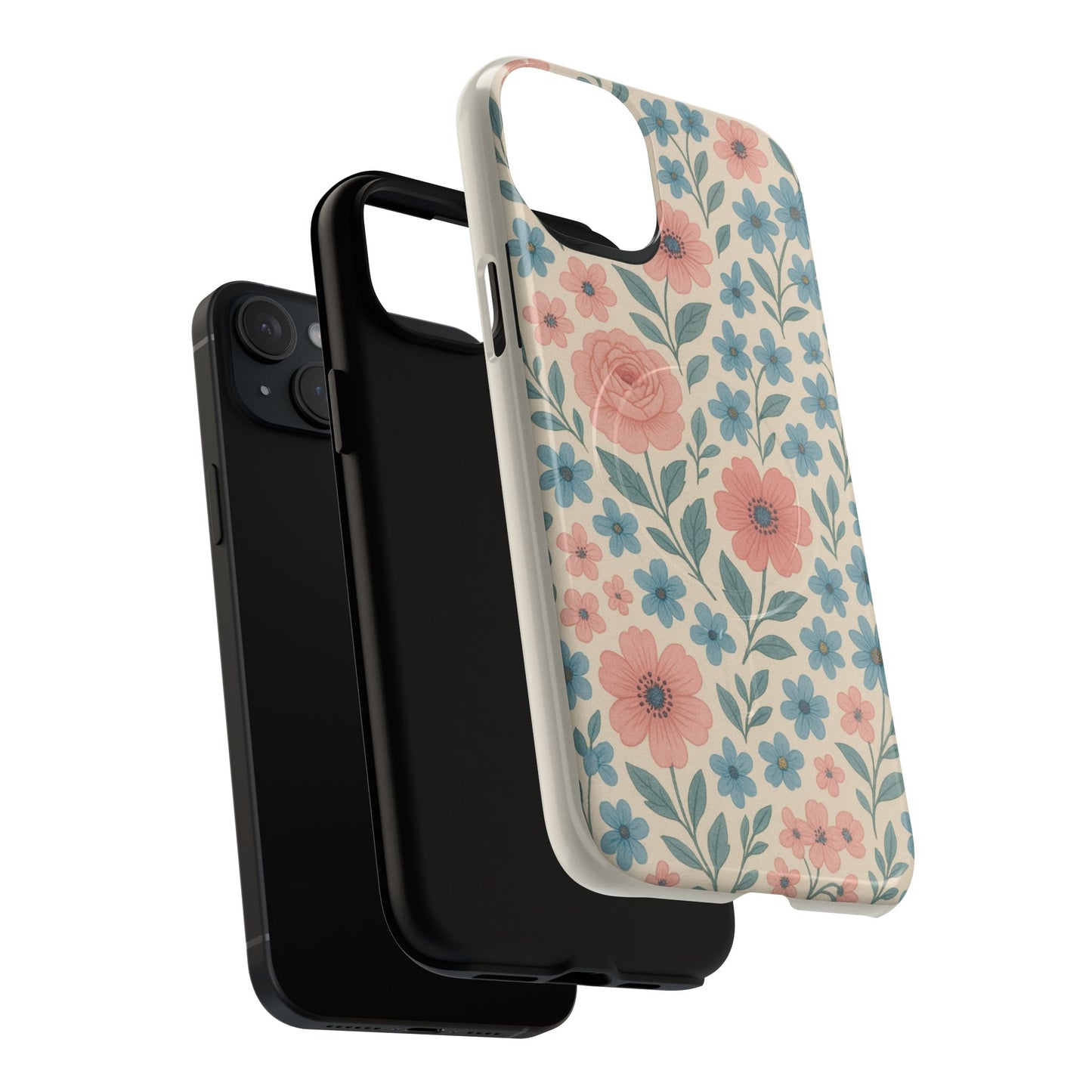 Floral Vintage Magnetic Phone Case — Pink Rose & Blue Blossom Tough Cover