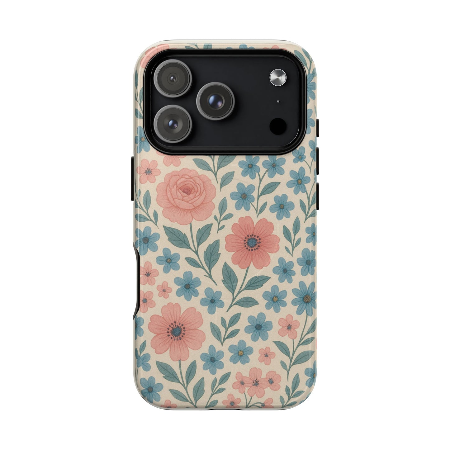 Floral Vintage Magnetic Phone Case — Pink Rose & Blue Blossom Tough Cover