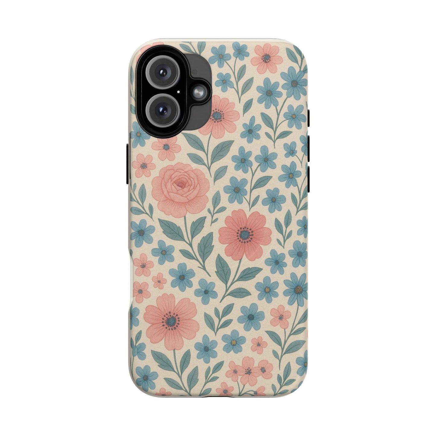 Floral Vintage Magnetic Phone Case — Pink Rose & Blue Blossom Tough Cover