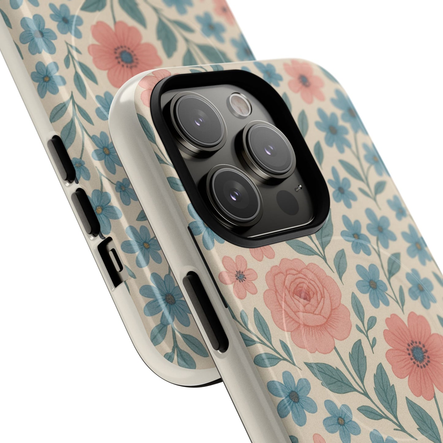 Floral Vintage Magnetic Phone Case — Pink Rose & Blue Blossom Tough Cover