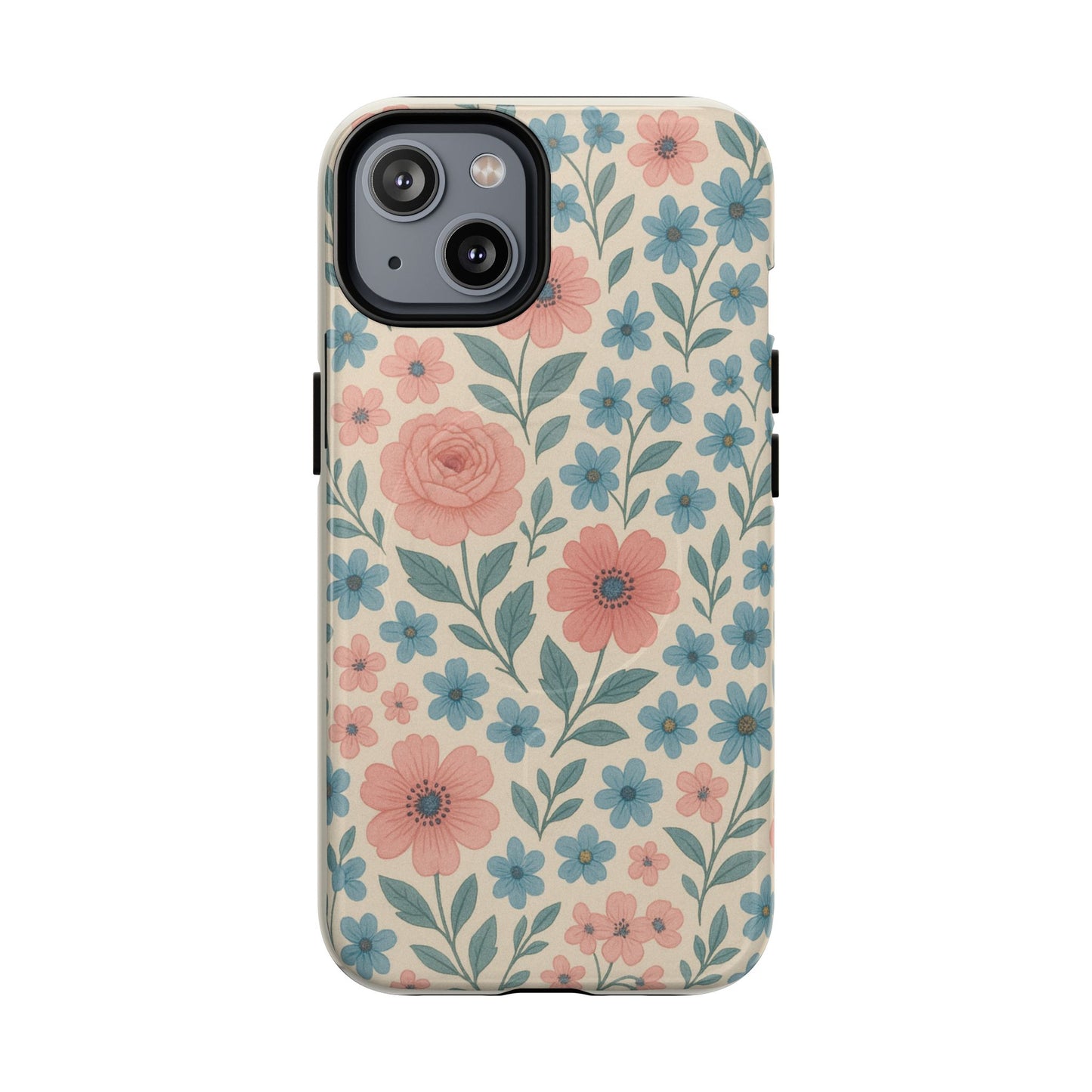 Floral Vintage Magnetic Phone Case — Pink Rose & Blue Blossom Tough Cover