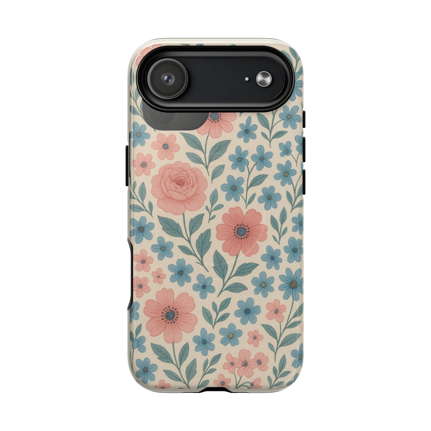 Floral Vintage Magnetic Phone Case — Pink Rose & Blue Blossom Tough Cover