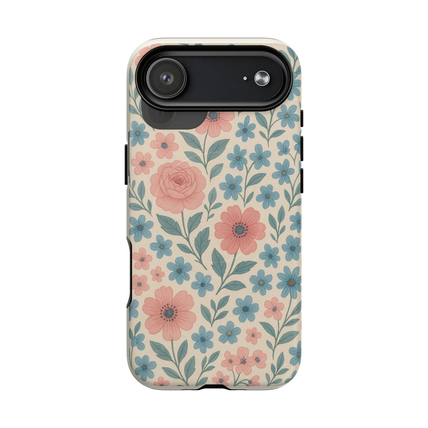Floral Vintage Magnetic Phone Case — Pink Rose & Blue Blossom Tough Cover