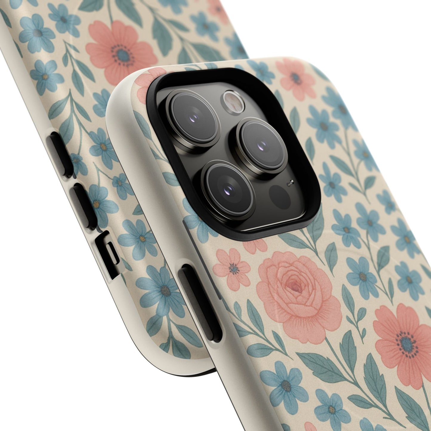 Floral Vintage Magnetic Phone Case — Pink Rose & Blue Blossom Tough Cover
