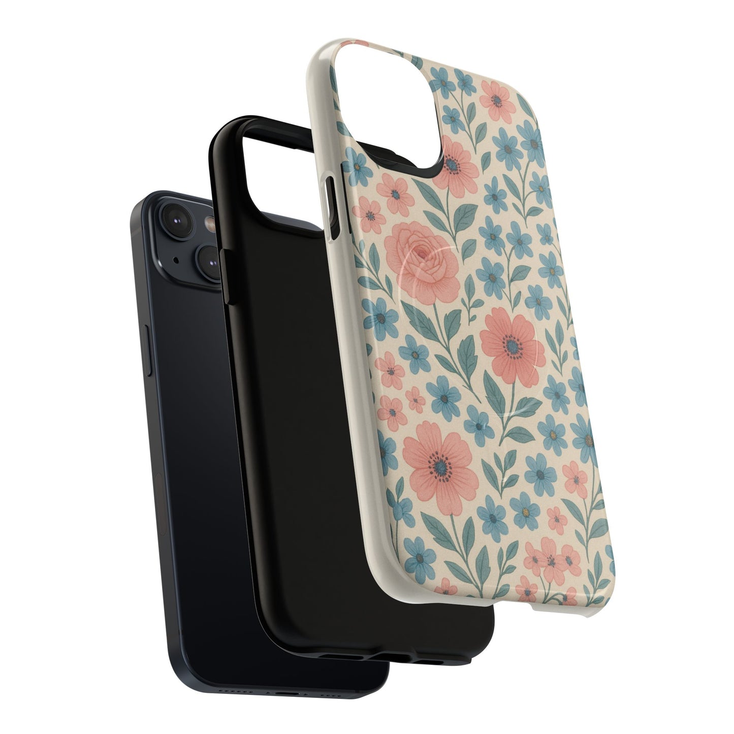 Floral Vintage Magnetic Phone Case — Pink Rose & Blue Blossom Tough Cover