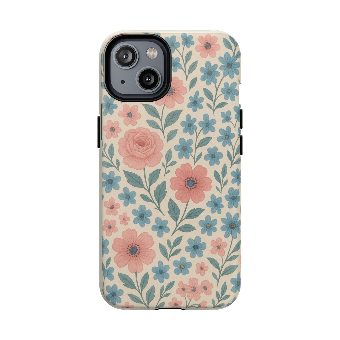 Floral Vintage Magnetic Phone Case — Pink Rose & Blue Blossom Tough Cover