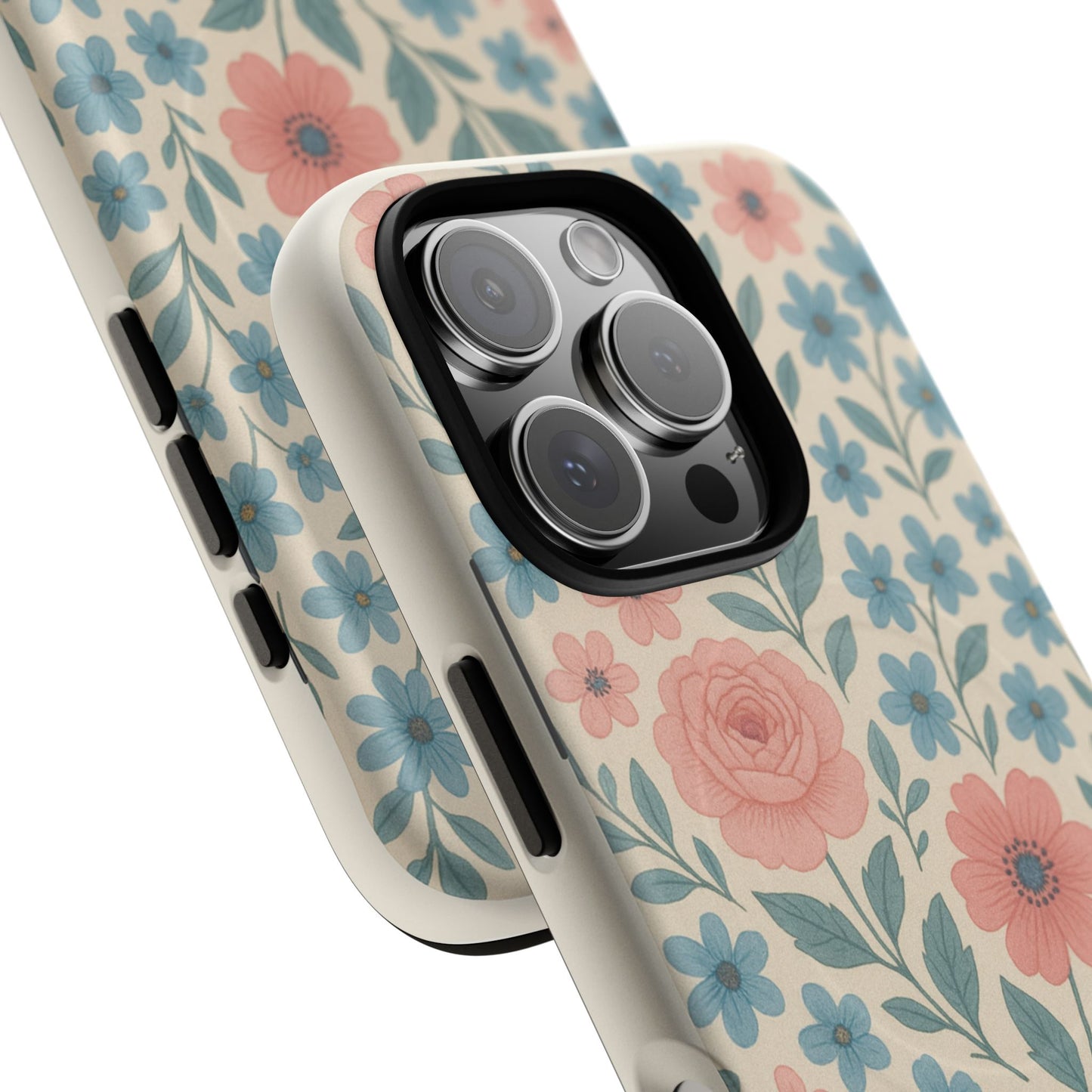 Floral Vintage Magnetic Phone Case — Pink Rose & Blue Blossom Tough Cover