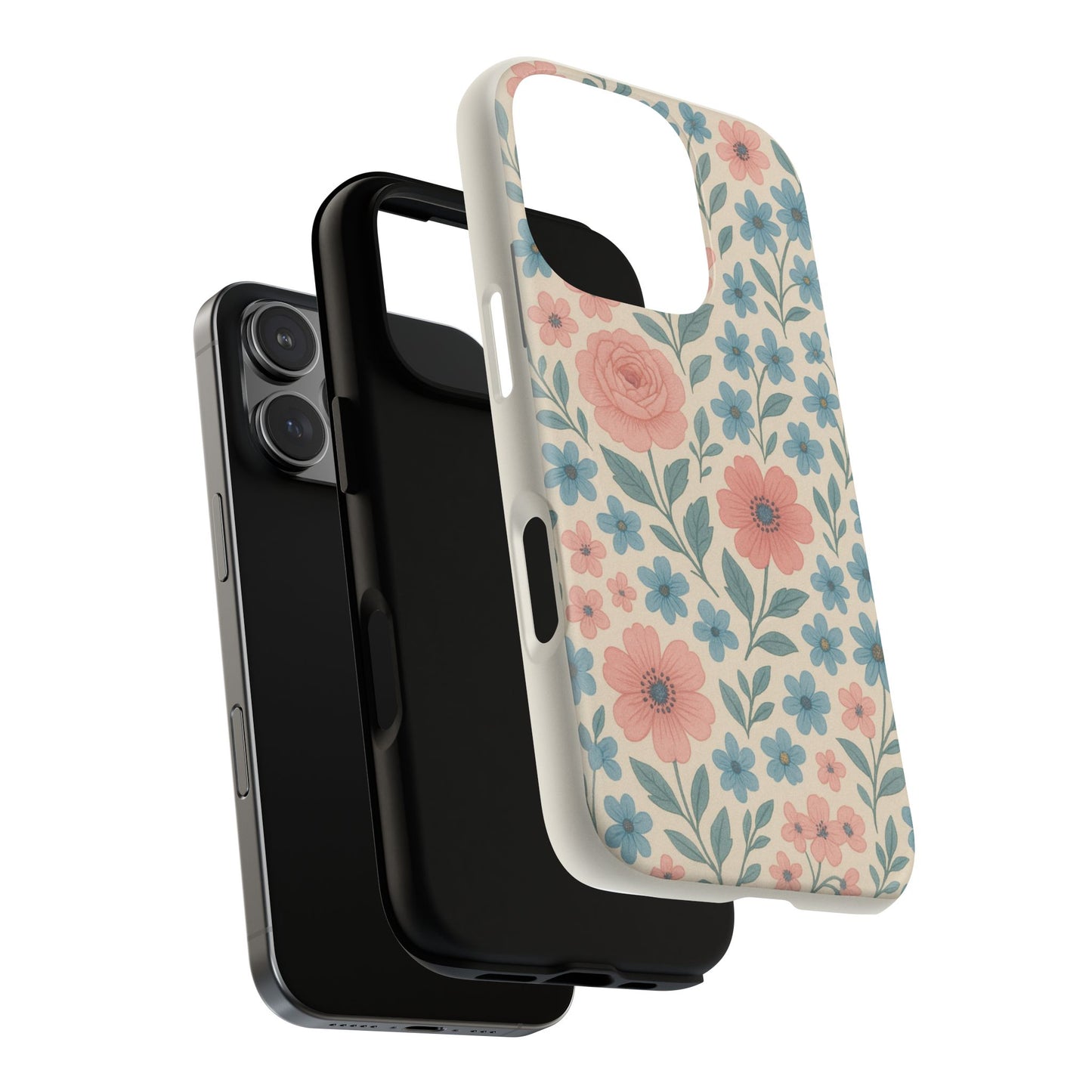 Floral Vintage Magnetic Phone Case — Pink Rose & Blue Blossom Tough Cover