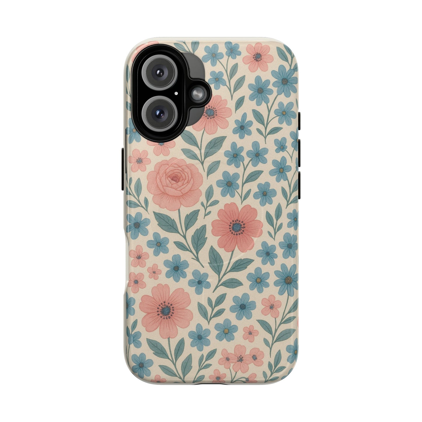 Floral Vintage Magnetic Phone Case — Pink Rose & Blue Blossom Tough Cover
