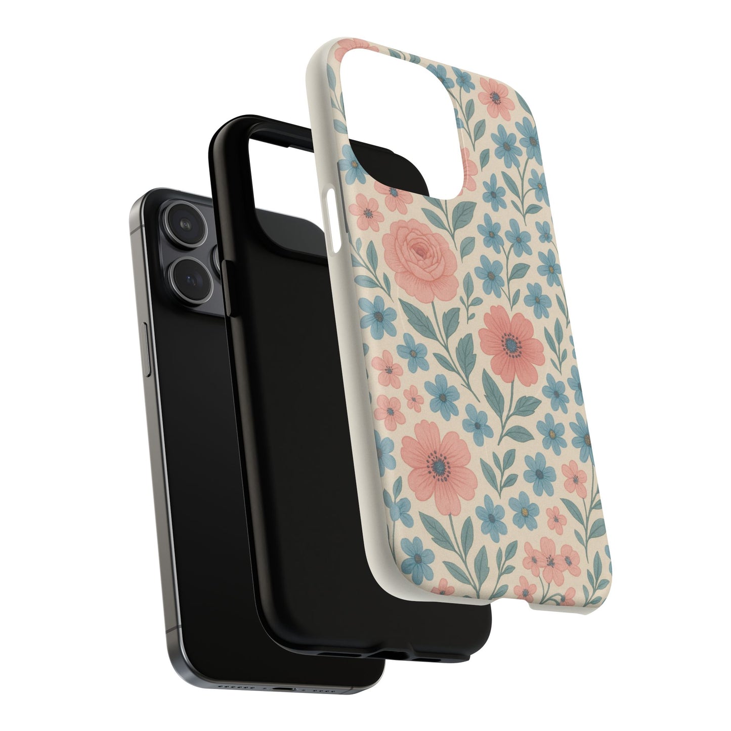 Floral Vintage Magnetic Phone Case — Pink Rose & Blue Blossom Tough Cover