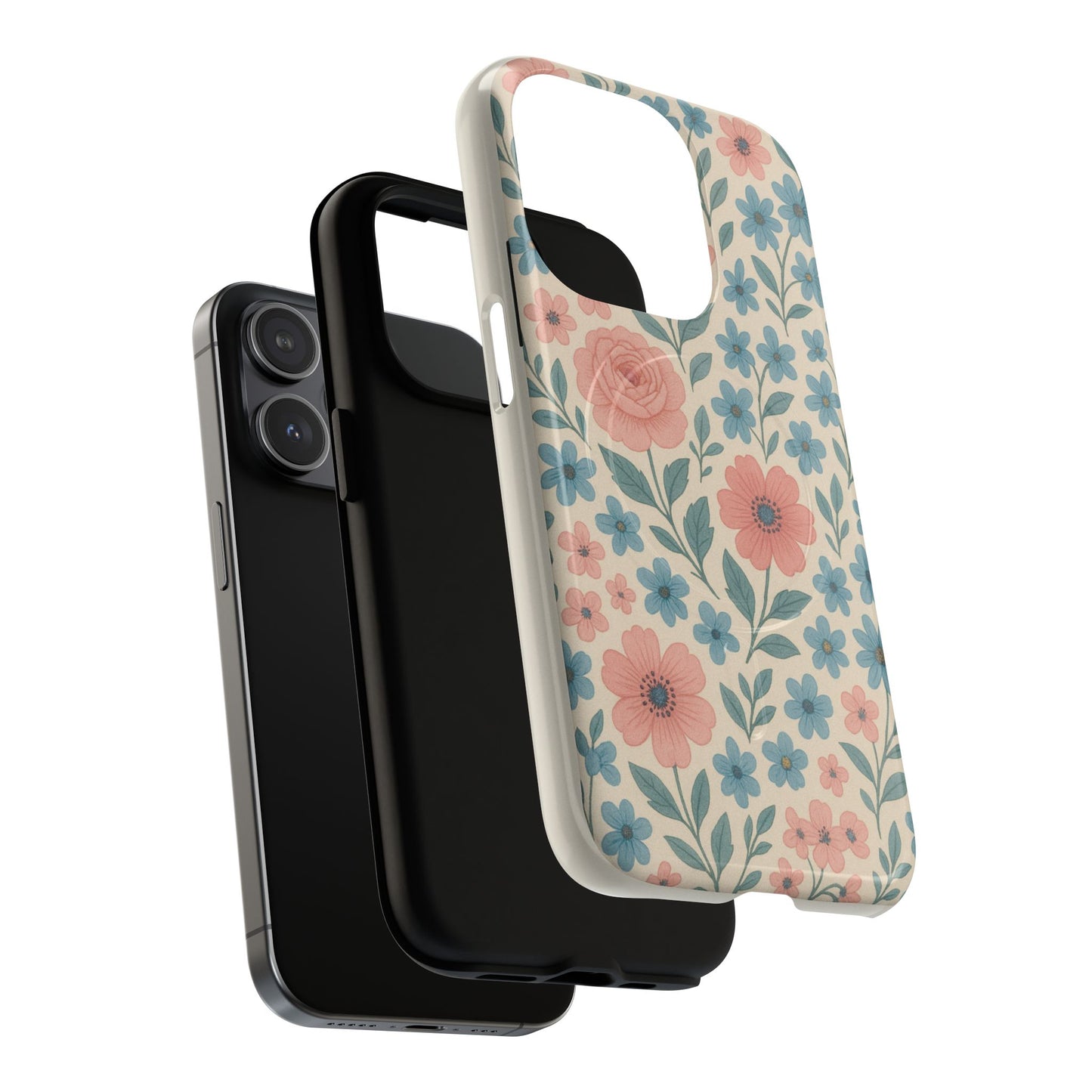 Floral Vintage Magnetic Phone Case — Pink Rose & Blue Blossom Tough Cover
