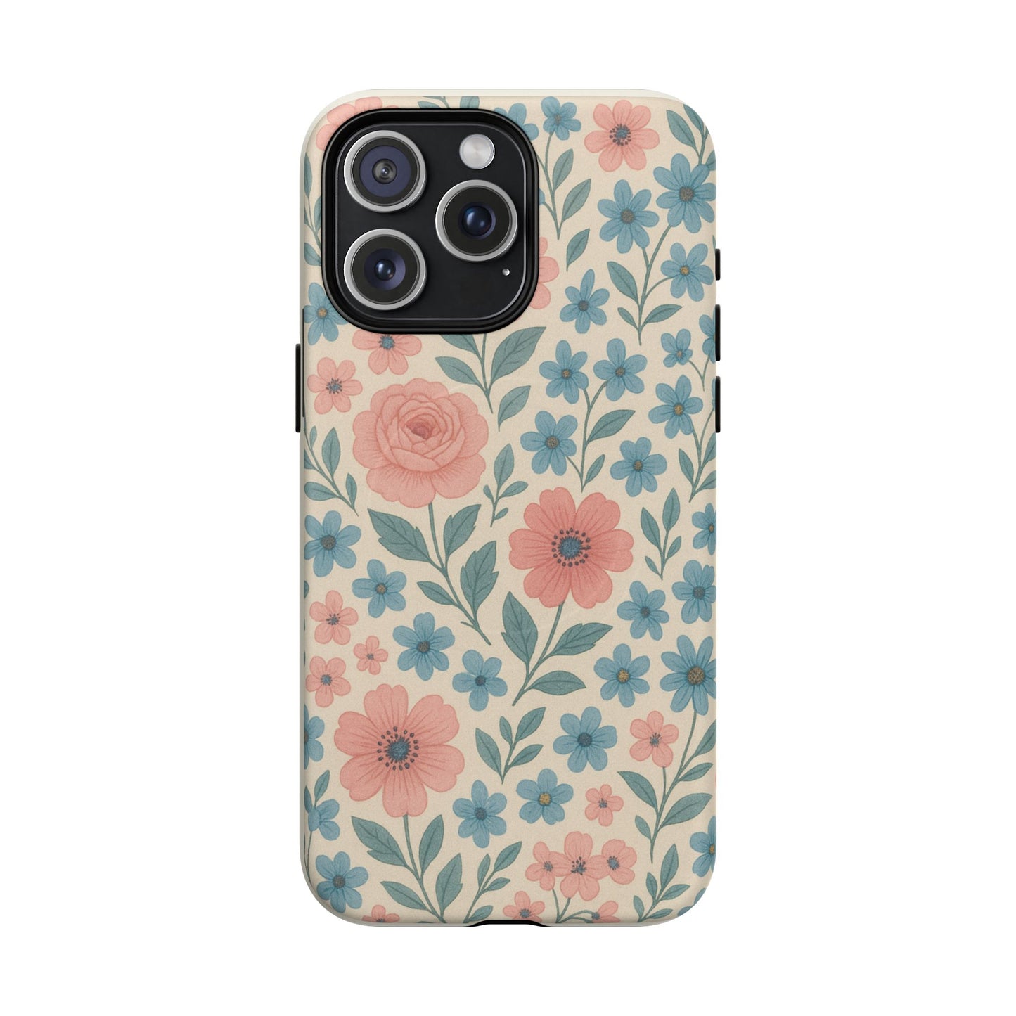 Floral Vintage Magnetic Phone Case — Pink Rose & Blue Blossom Tough Cover