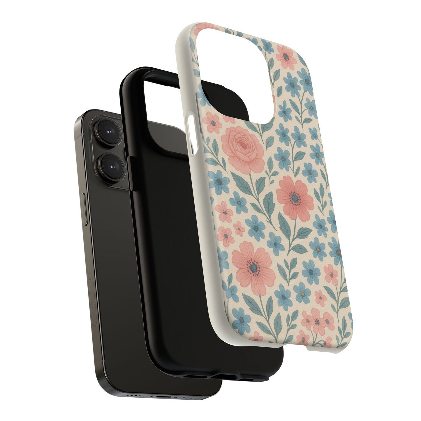 Floral Vintage Magnetic Phone Case — Pink Rose & Blue Blossom Tough Cover