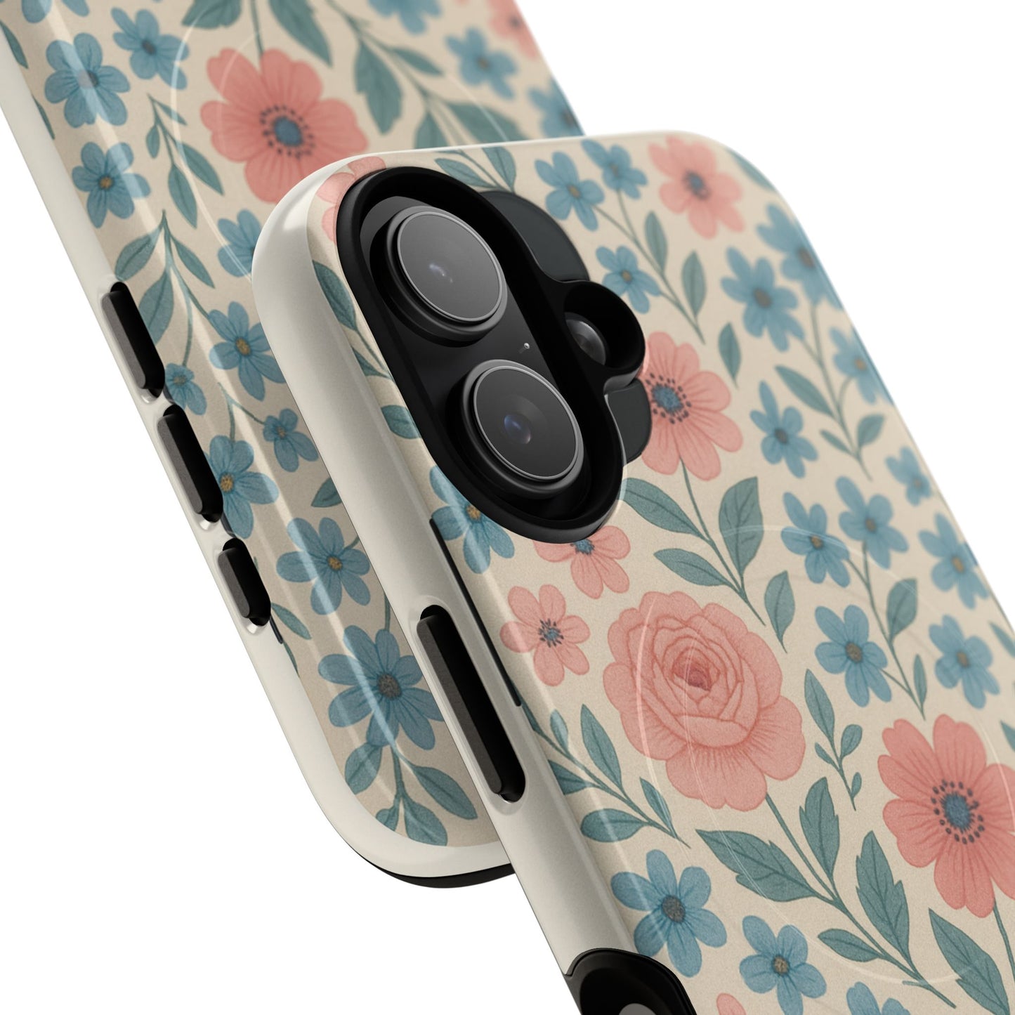 Floral Vintage Magnetic Phone Case — Pink Rose & Blue Blossom Tough Cover