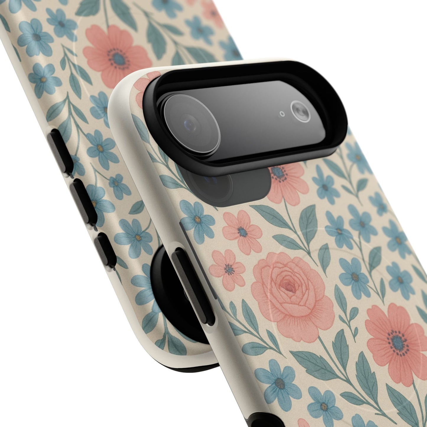 Floral Vintage Magnetic Phone Case — Pink Rose & Blue Blossom Tough Cover