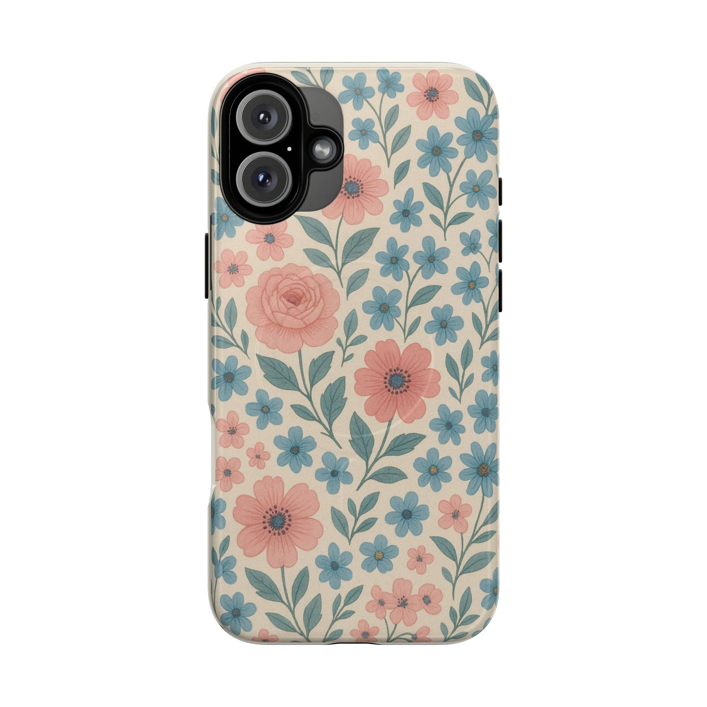 Floral Vintage Magnetic Phone Case — Pink Rose & Blue Blossom Tough Cover