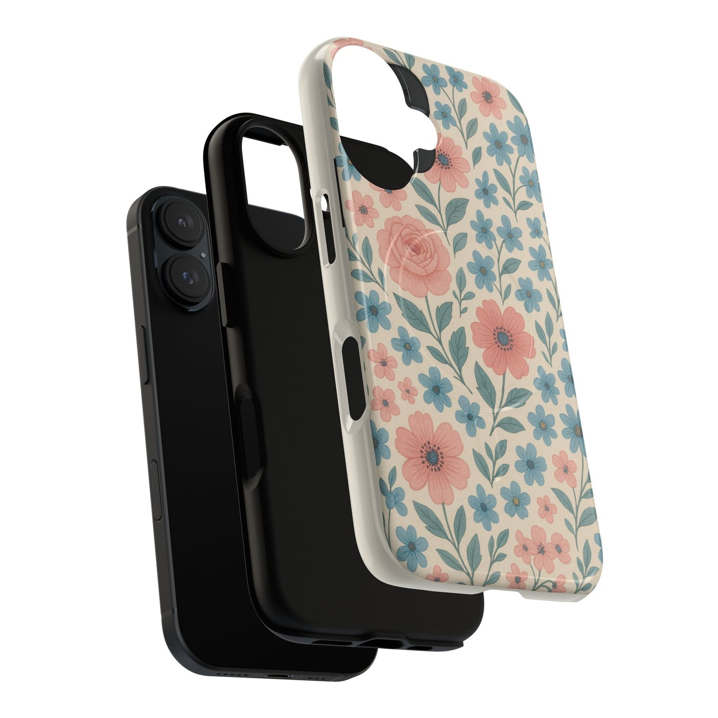 Floral Vintage Magnetic Phone Case — Pink Rose & Blue Blossom Tough Cover