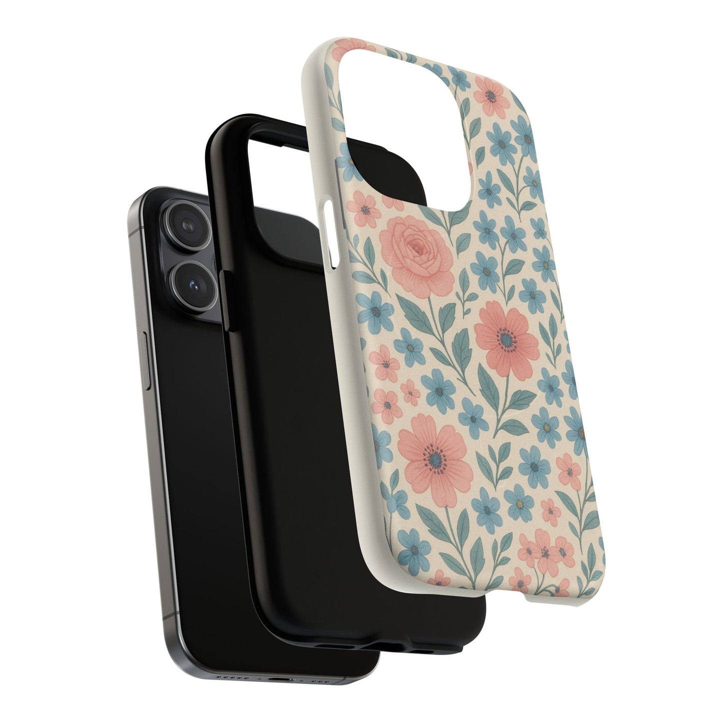 Floral Vintage Magnetic Phone Case — Pink Rose & Blue Blossom Tough Cover