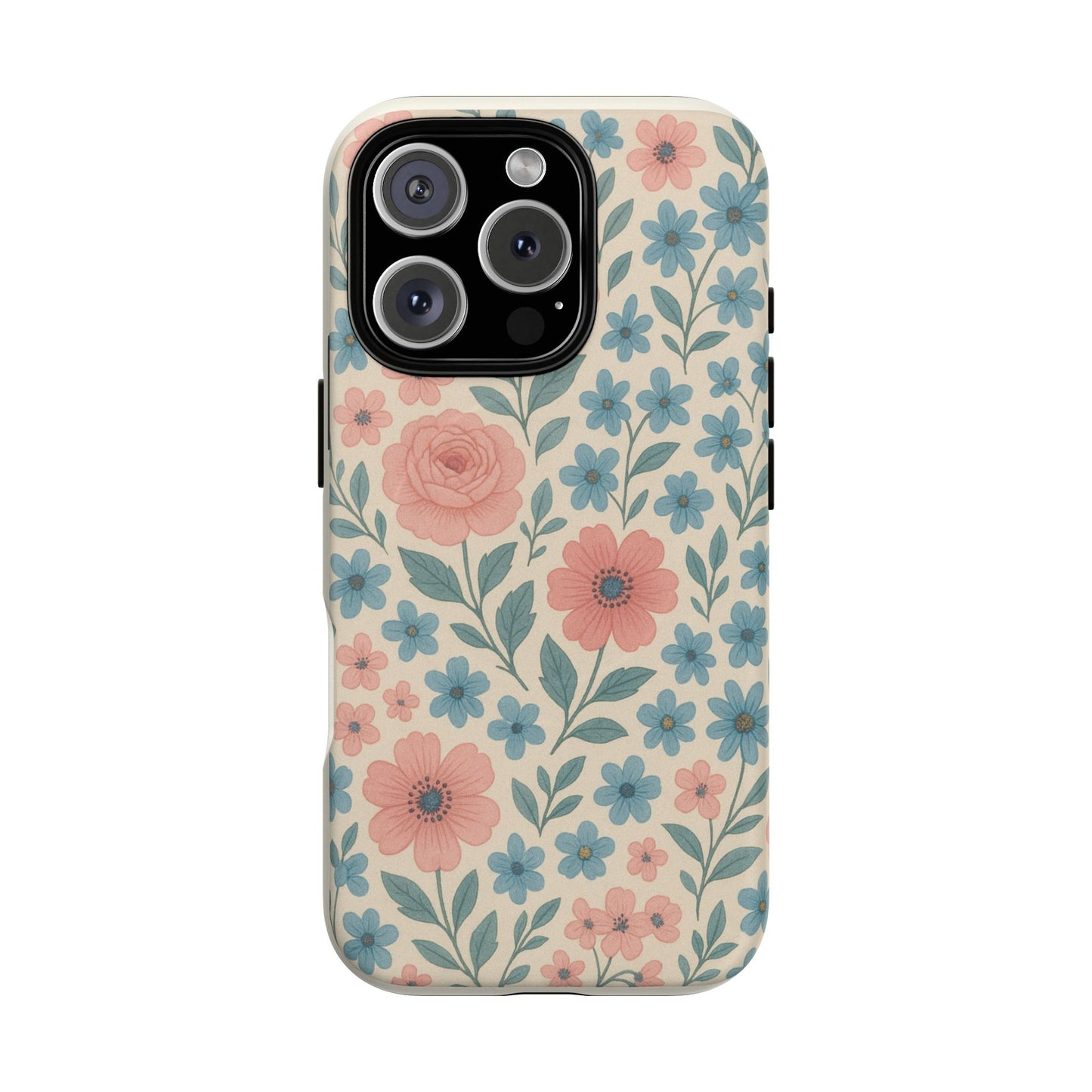 Floral Vintage Magnetic Phone Case — Pink Rose & Blue Blossom Tough Cover