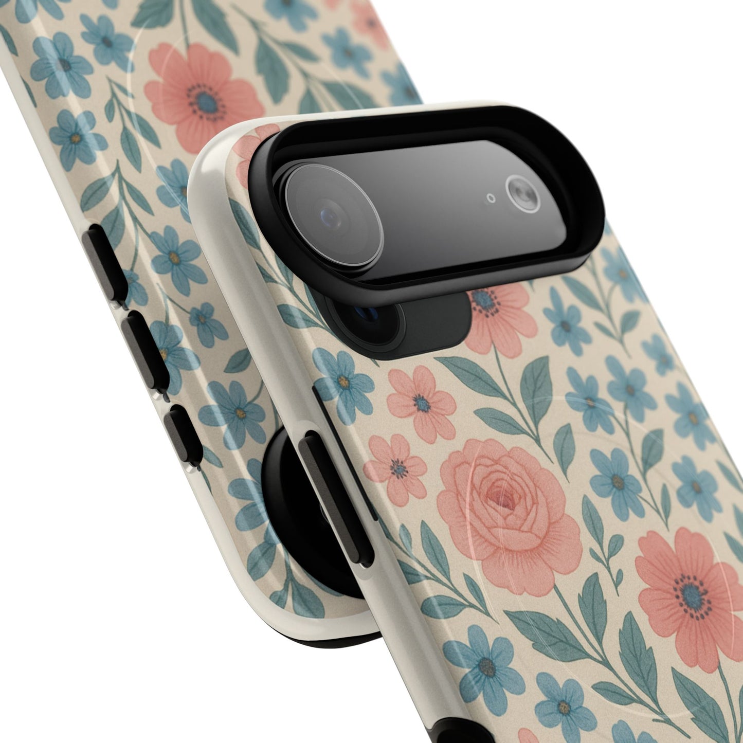 Floral Vintage Magnetic Phone Case — Pink Rose & Blue Blossom Tough Cover