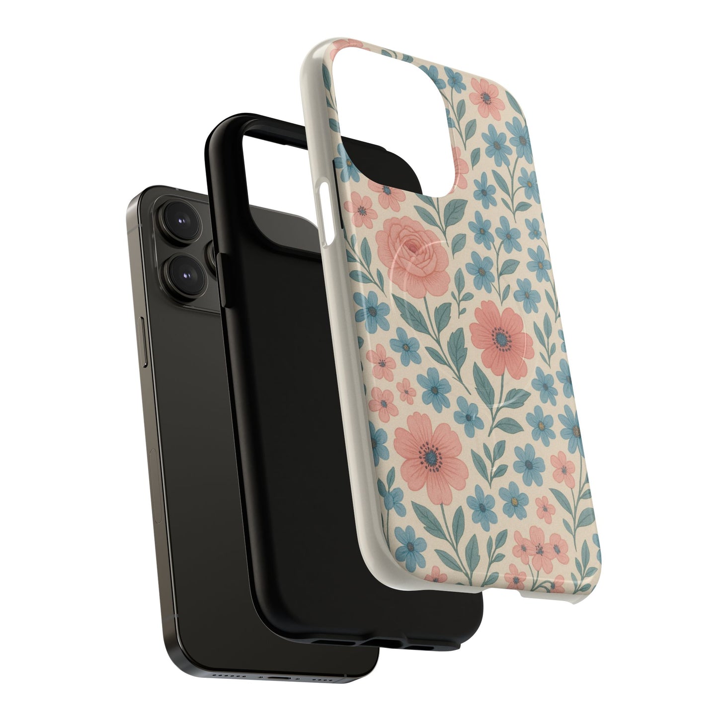 Floral Vintage Magnetic Phone Case — Pink Rose & Blue Blossom Tough Cover