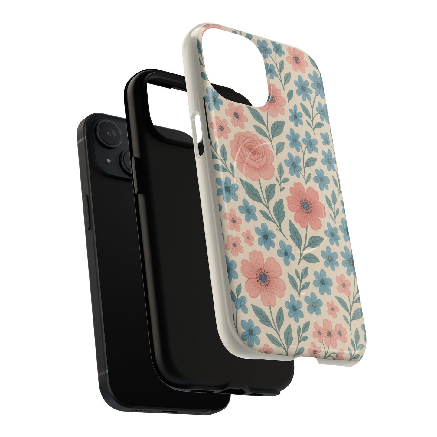 Floral Vintage Magnetic Phone Case — Pink Rose & Blue Blossom Tough Cover