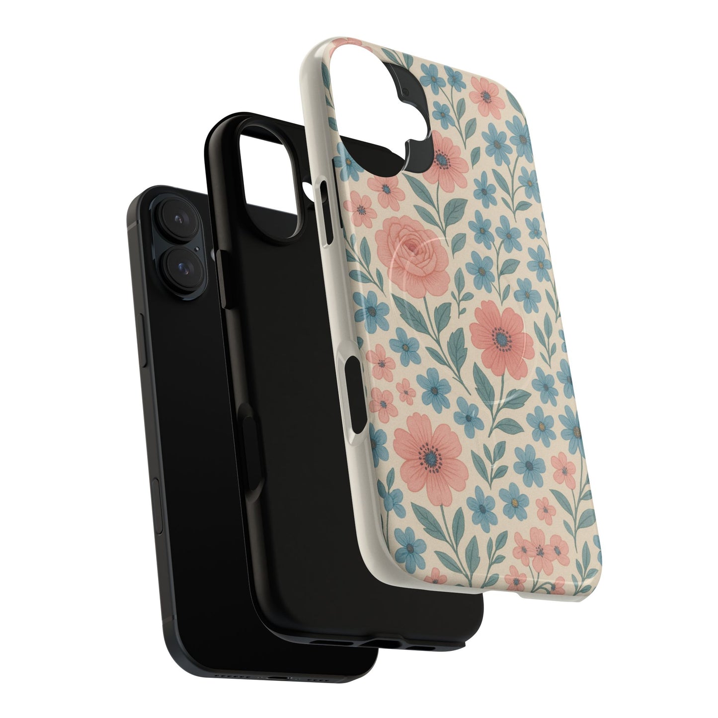 Floral Vintage Magnetic Phone Case — Pink Rose & Blue Blossom Tough Cover
