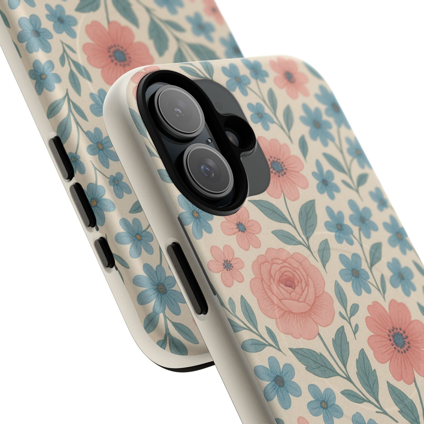 Floral Vintage Magnetic Phone Case — Pink Rose & Blue Blossom Tough Cover