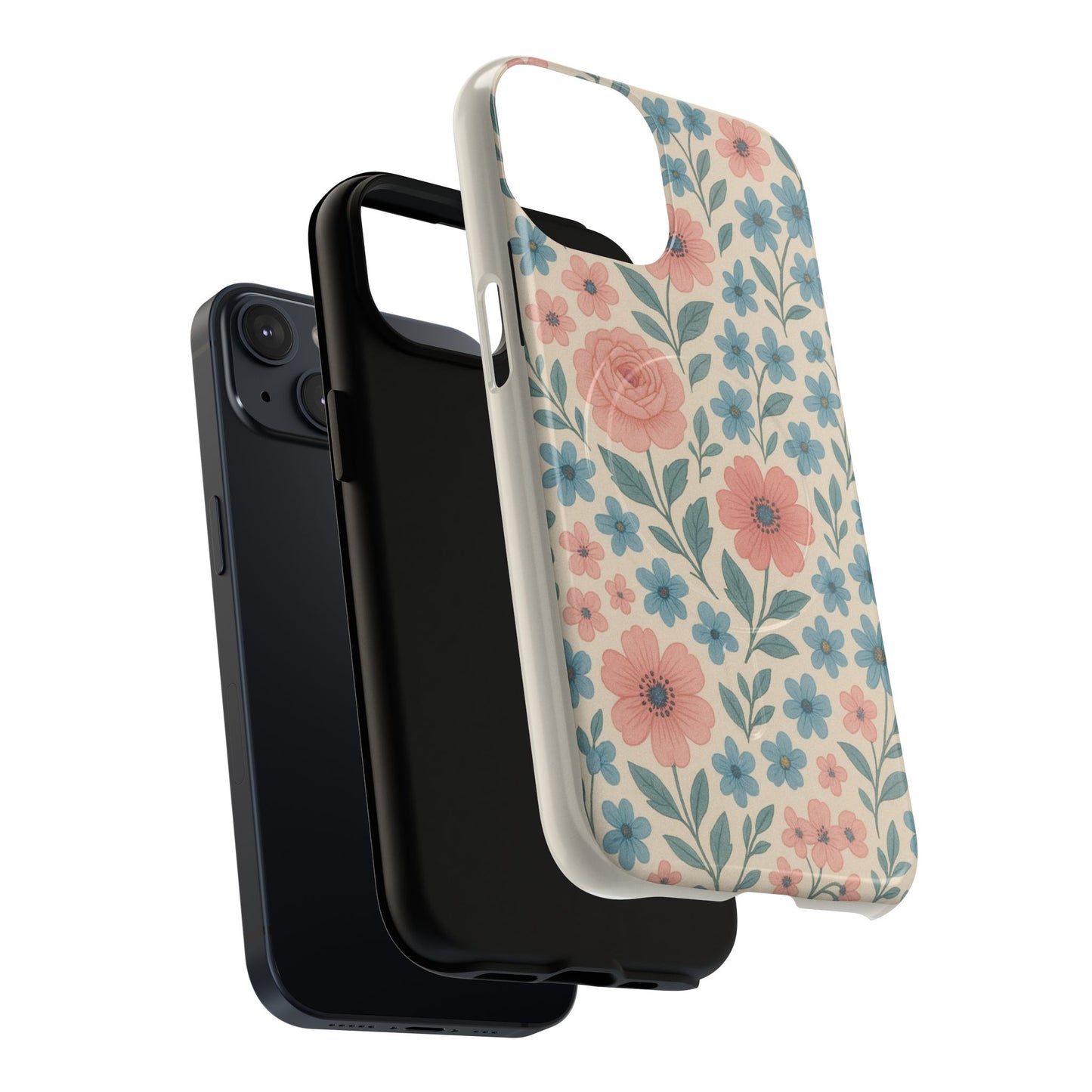 Floral Vintage Magnetic Phone Case — Pink Rose & Blue Blossom Tough Cover