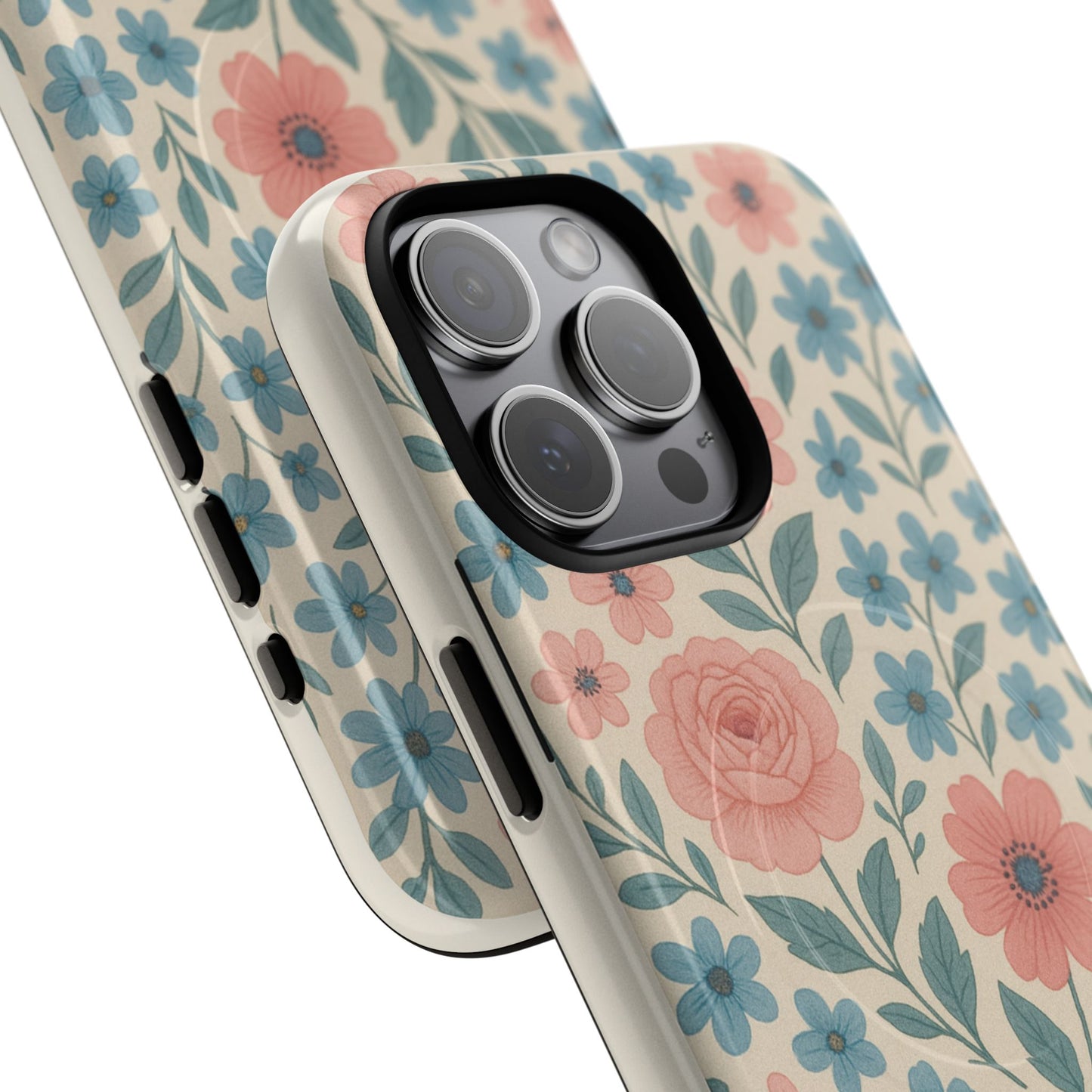 Floral Vintage Magnetic Phone Case — Pink Rose & Blue Blossom Tough Cover