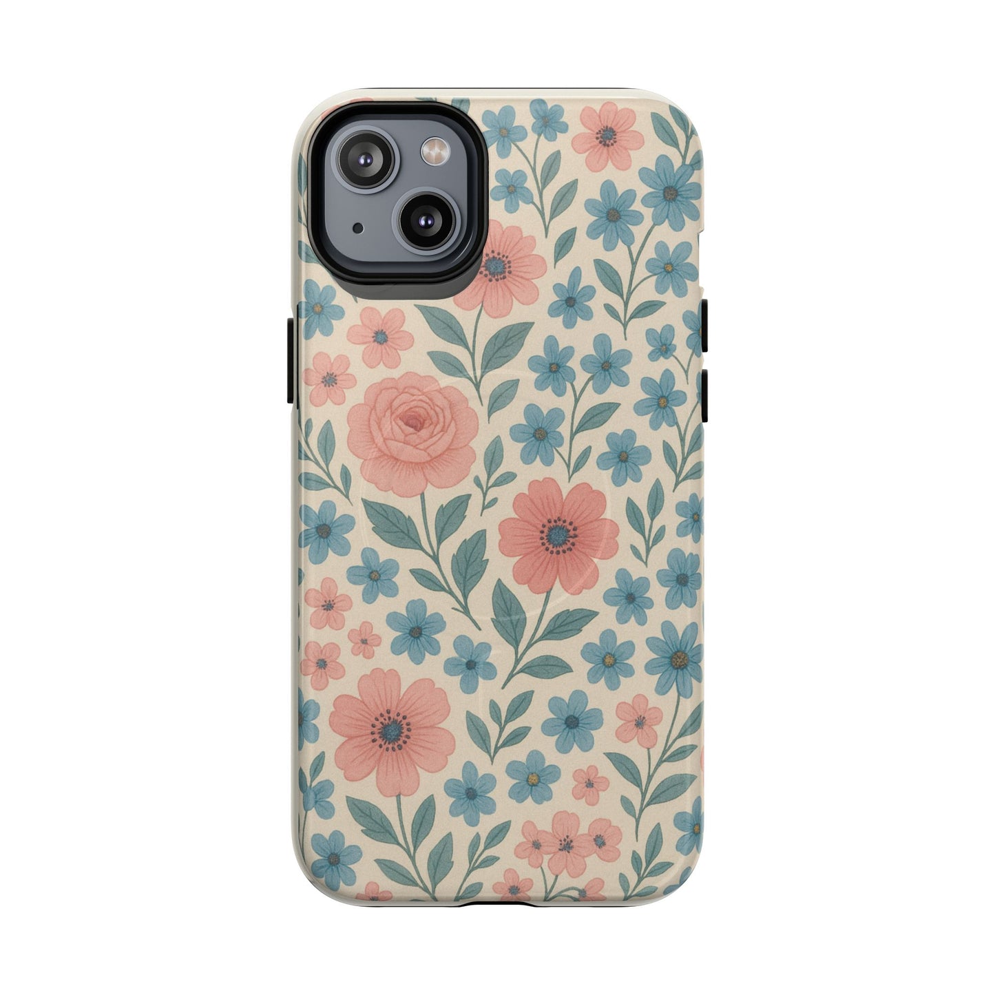 Floral Vintage Magnetic Phone Case — Pink Rose & Blue Blossom Tough Cover