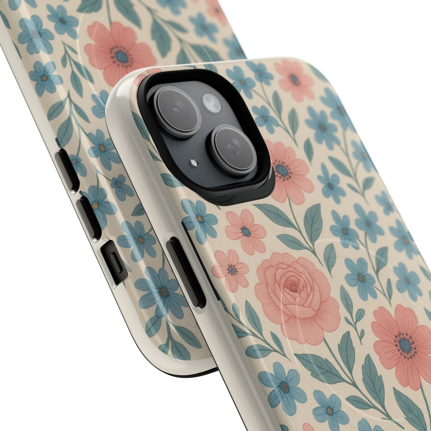 Floral Vintage Magnetic Phone Case — Pink Rose & Blue Blossom Tough Cover