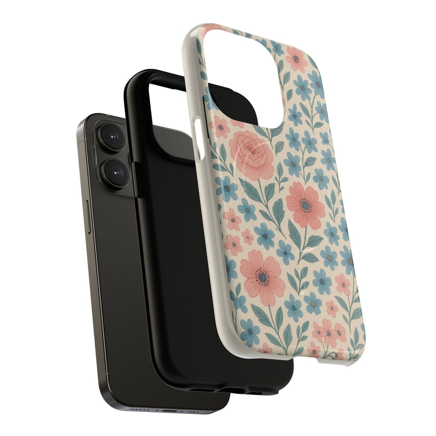 Floral Vintage Magnetic Phone Case — Pink Rose & Blue Blossom Tough Cover