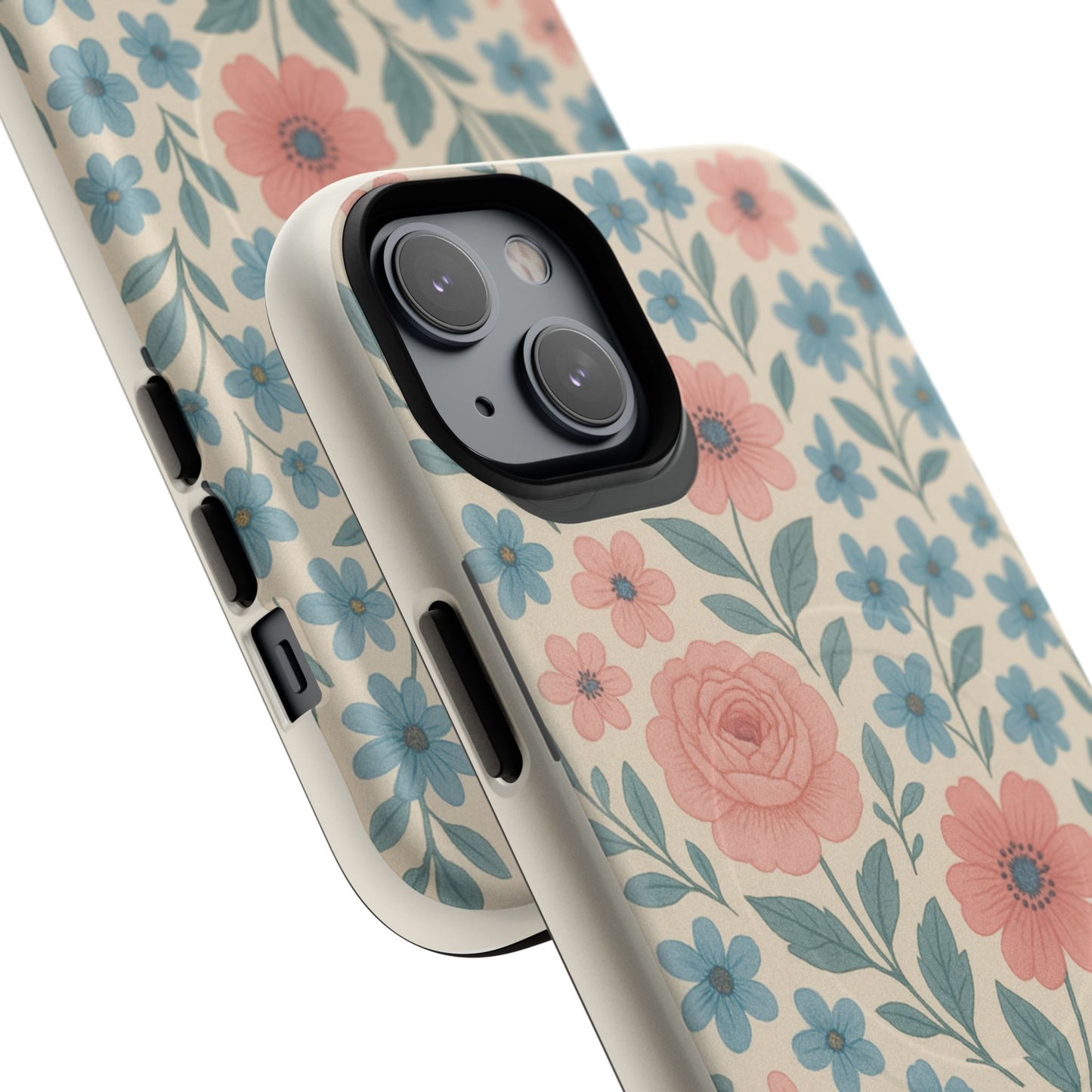 Floral Vintage Magnetic Phone Case — Pink Rose & Blue Blossom Tough Cover