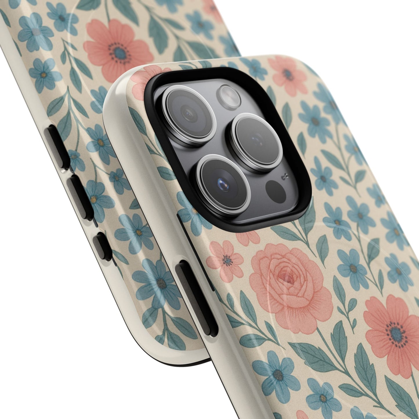 Floral Vintage Magnetic Phone Case — Pink Rose & Blue Blossom Tough Cover