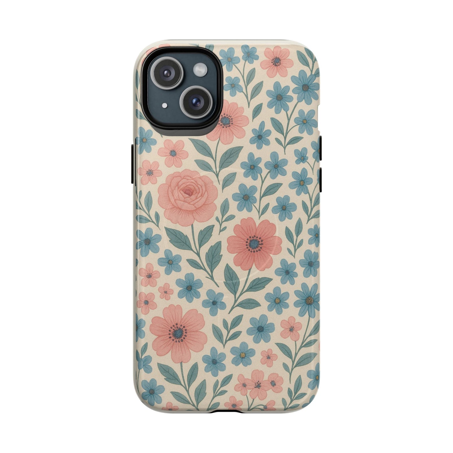 Floral Vintage Magnetic Phone Case — Pink Rose & Blue Blossom Tough Cover
