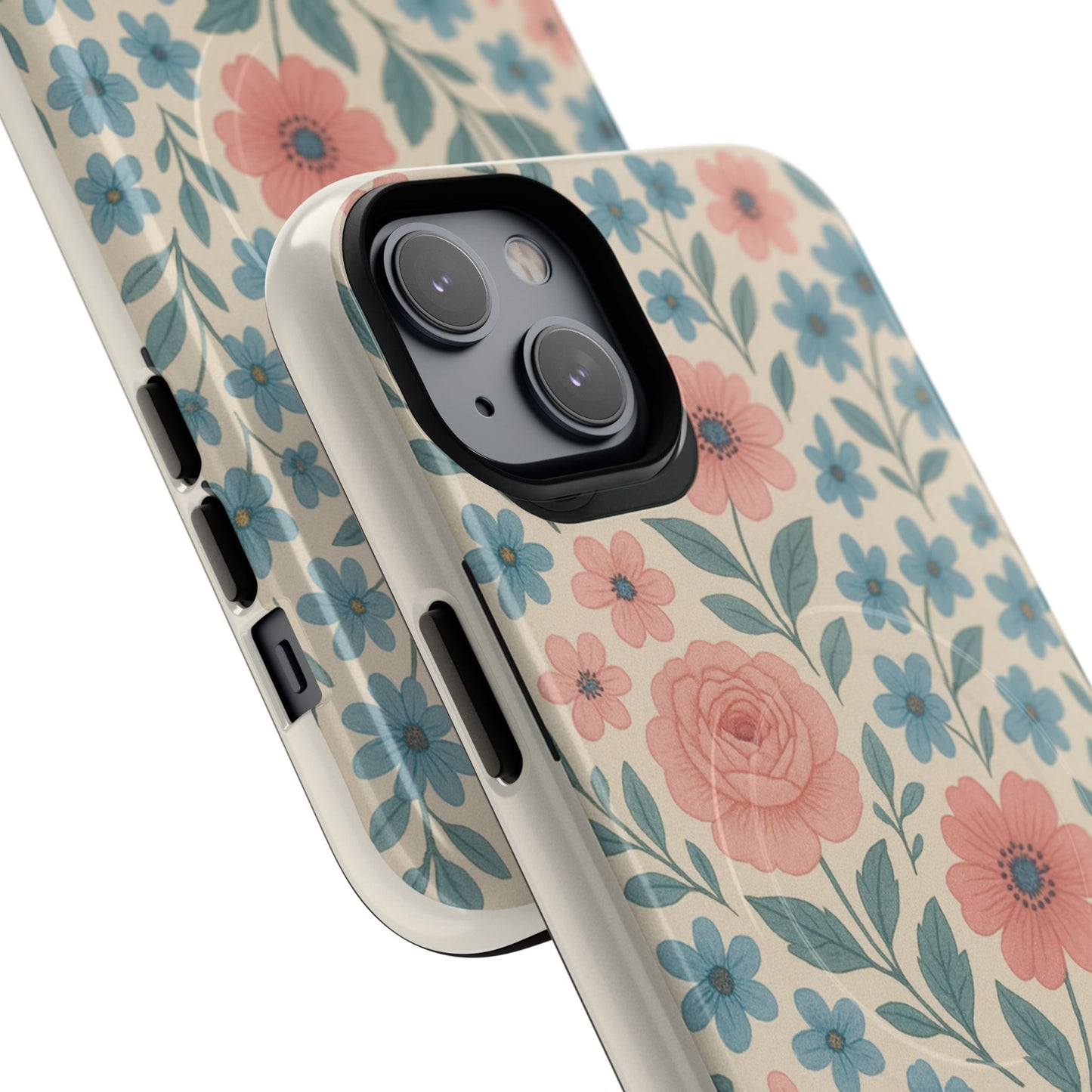 Floral Vintage Magnetic Phone Case — Pink Rose & Blue Blossom Tough Cover