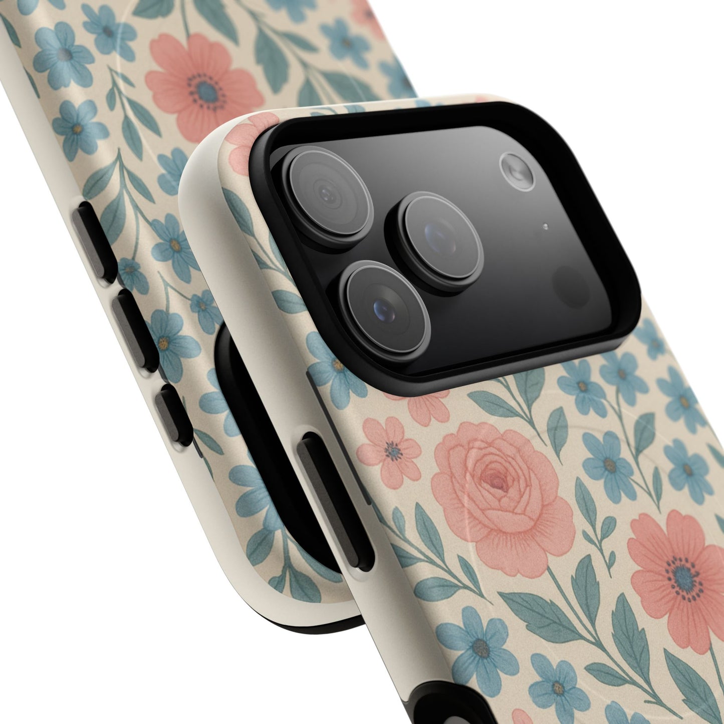 Floral Vintage Magnetic Phone Case — Pink Rose & Blue Blossom Tough Cover
