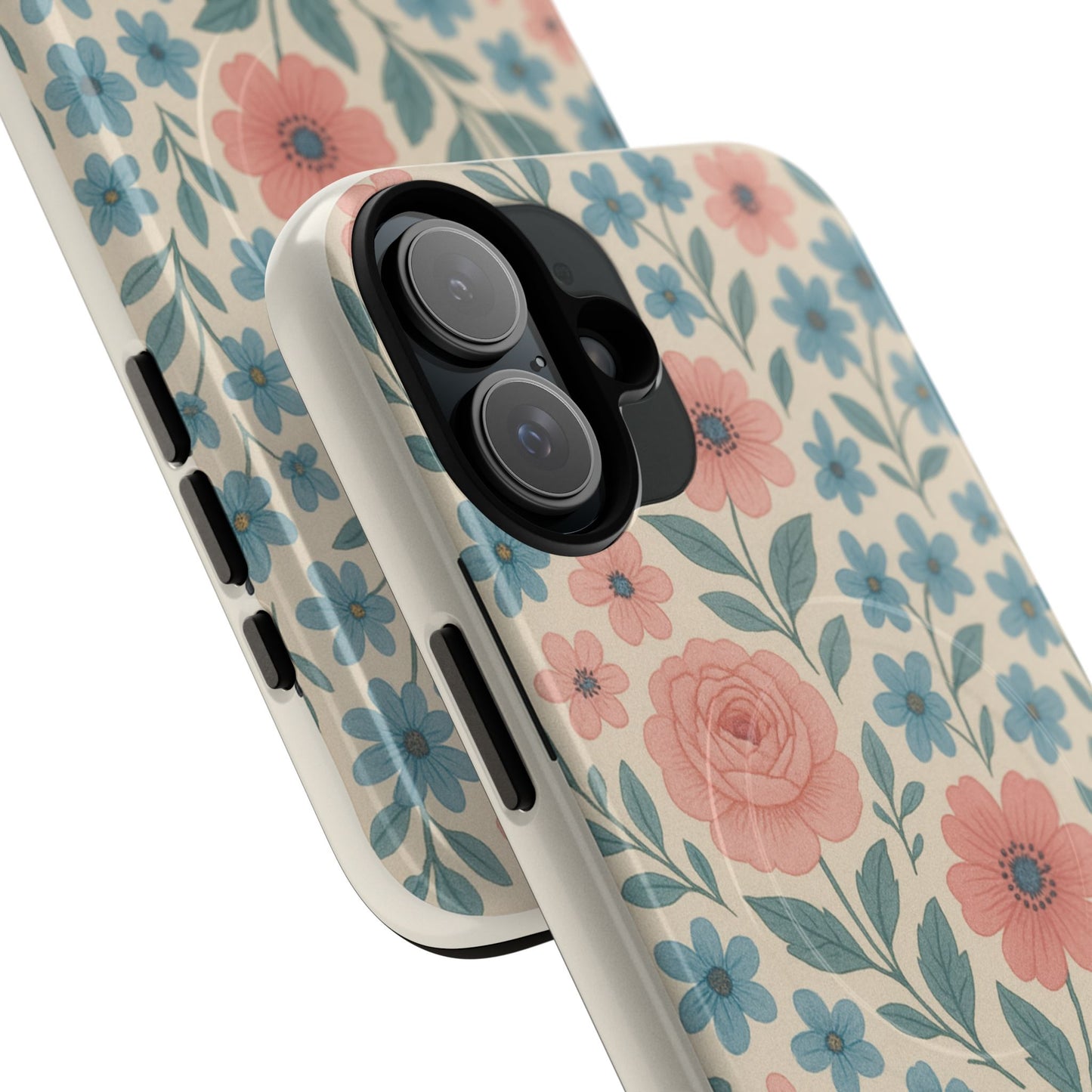 Floral Vintage Magnetic Phone Case — Pink Rose & Blue Blossom Tough Cover