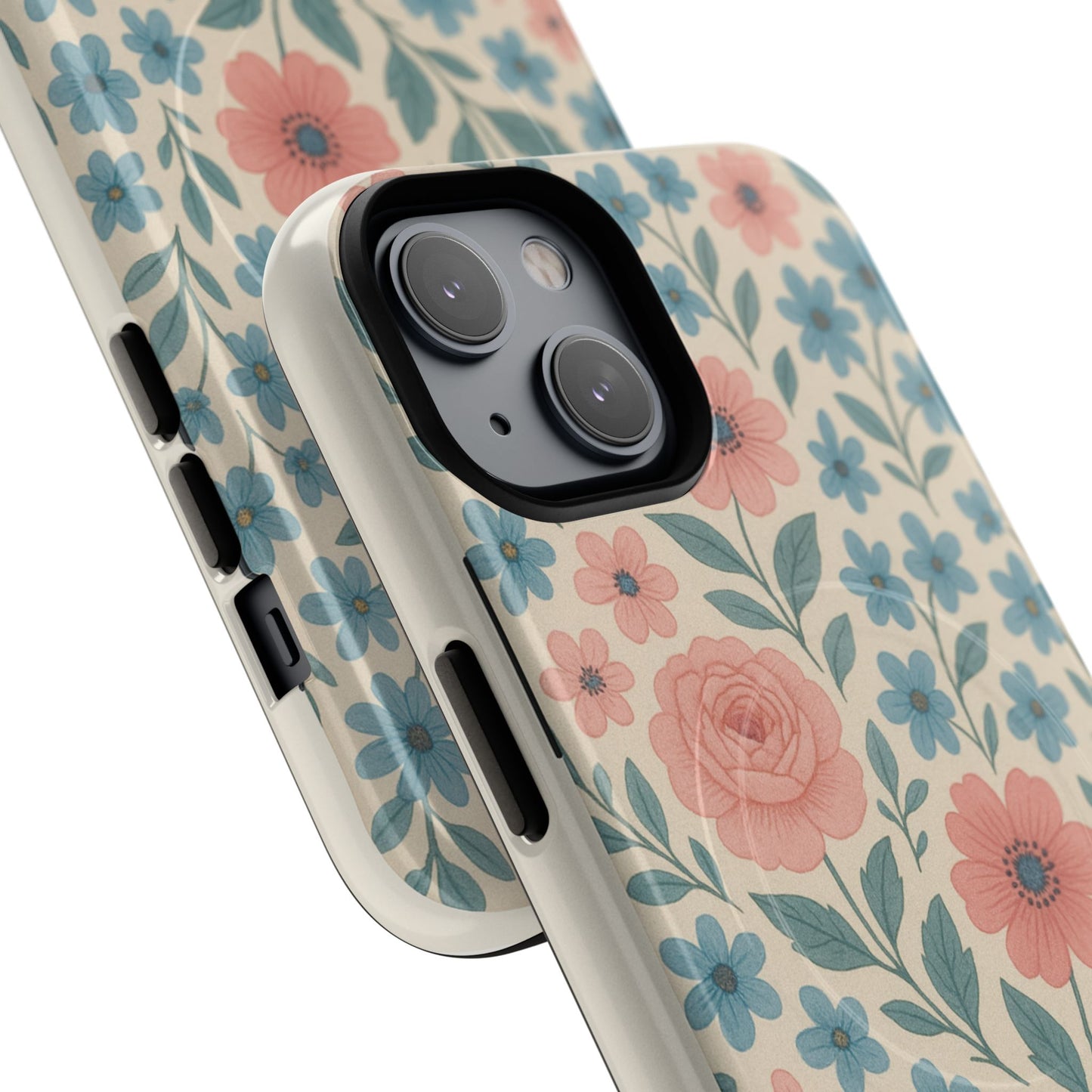 Floral Vintage Magnetic Phone Case — Pink Rose & Blue Blossom Tough Cover