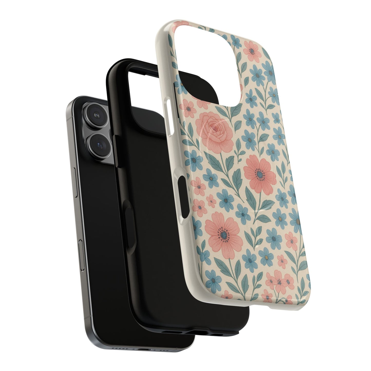 Floral Vintage Magnetic Phone Case — Pink Rose & Blue Blossom Tough Cover