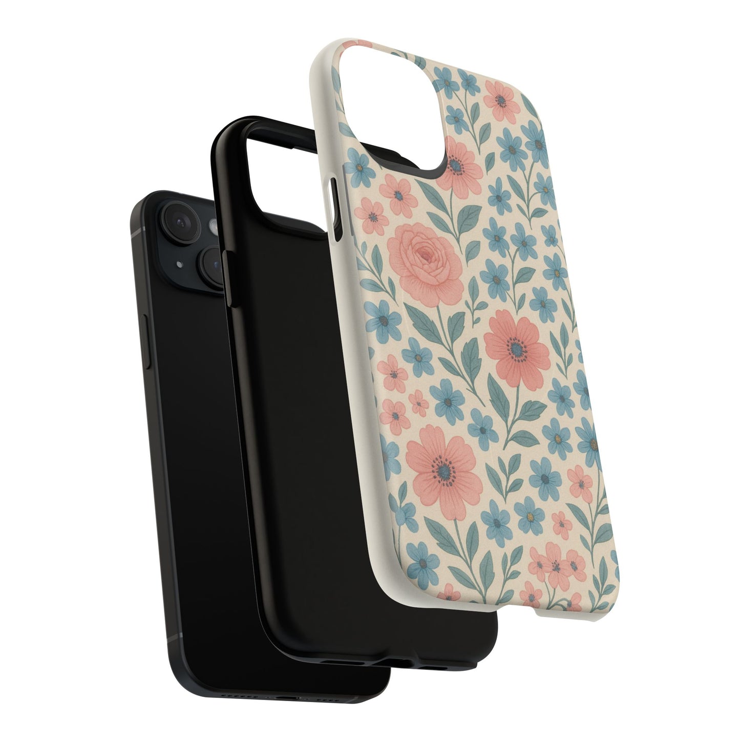 Floral Vintage Magnetic Phone Case — Pink Rose & Blue Blossom Tough Cover
