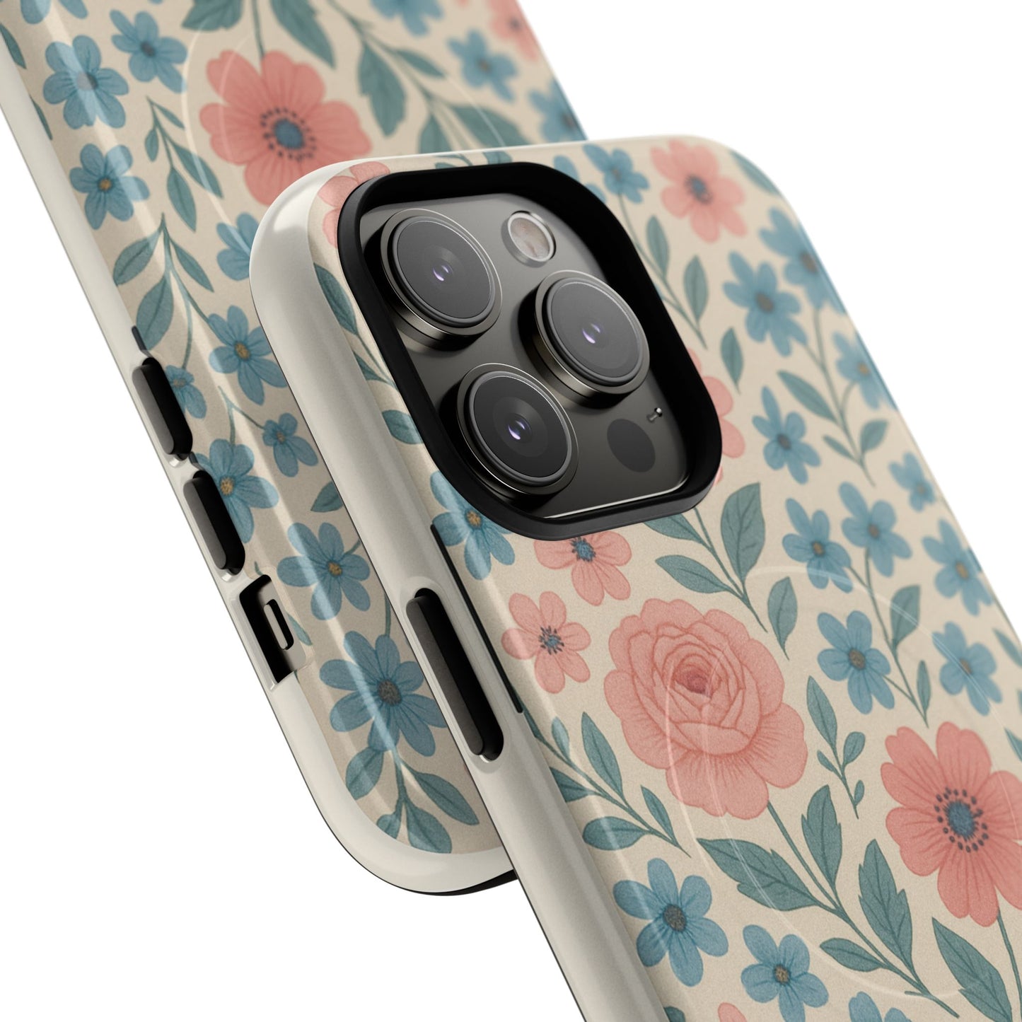 Floral Vintage Magnetic Phone Case — Pink Rose & Blue Blossom Tough Cover