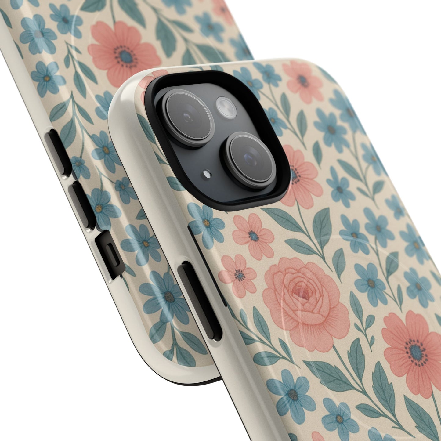 Floral Vintage Magnetic Phone Case — Pink Rose & Blue Blossom Tough Cover
