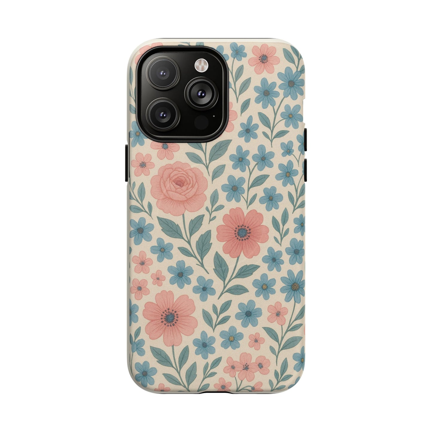 Floral Vintage Magnetic Phone Case — Pink Rose & Blue Blossom Tough Cover