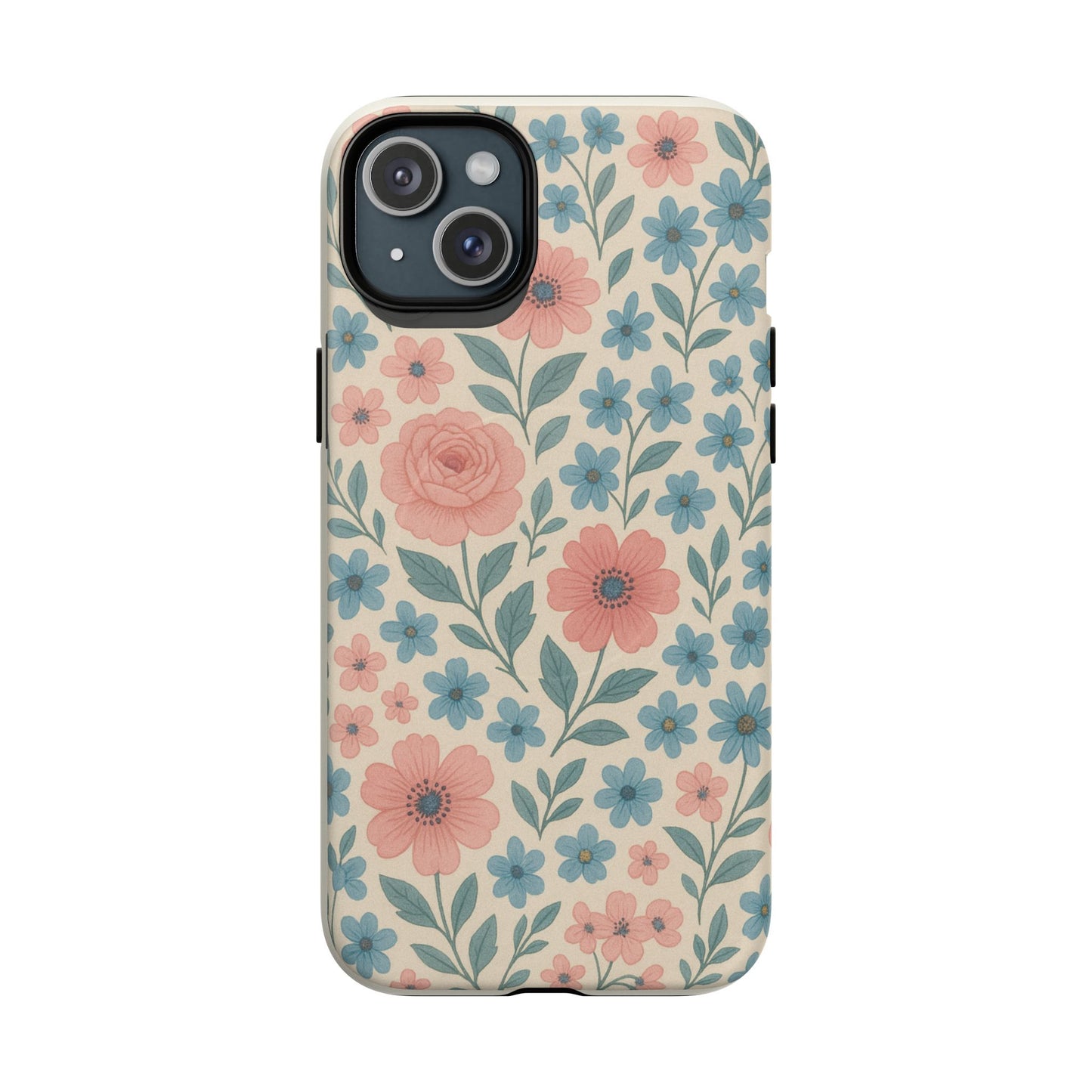 Floral Vintage Magnetic Phone Case — Pink Rose & Blue Blossom Tough Cover